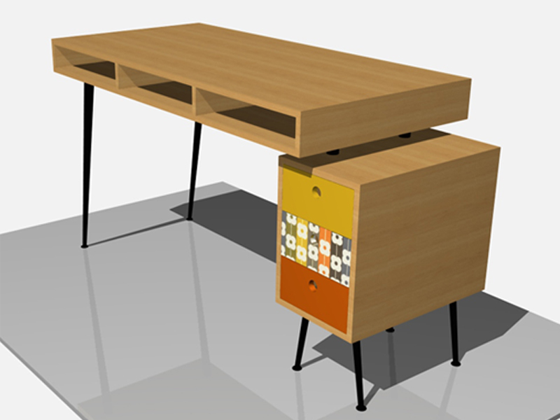 Bureau vintage plateau chêne et chêne + décor