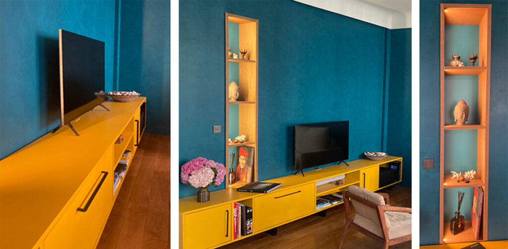 Meuble TV sur mesure ton moutarde + niche