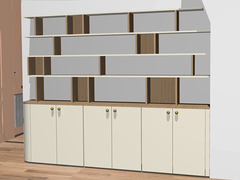 Perspective bibliothèque laque écru et chêne