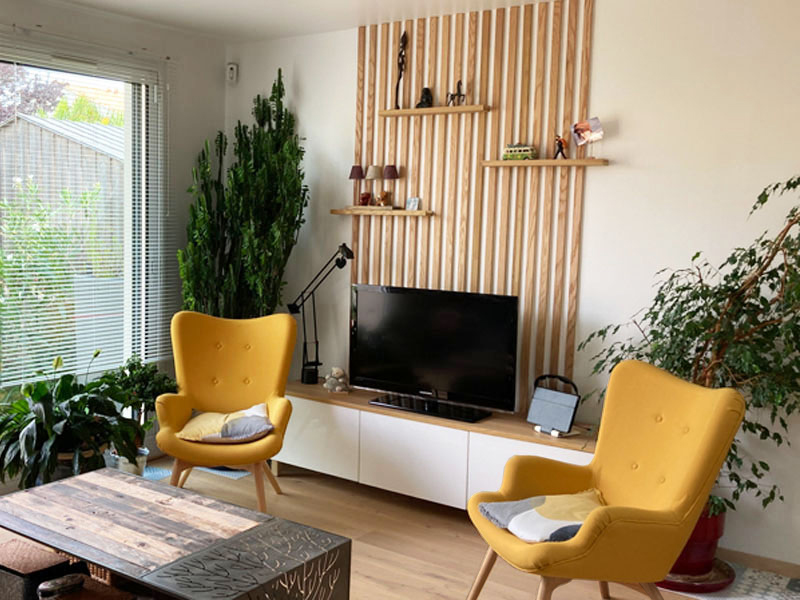 vue sur espace tv et ses fauteuils jaunes