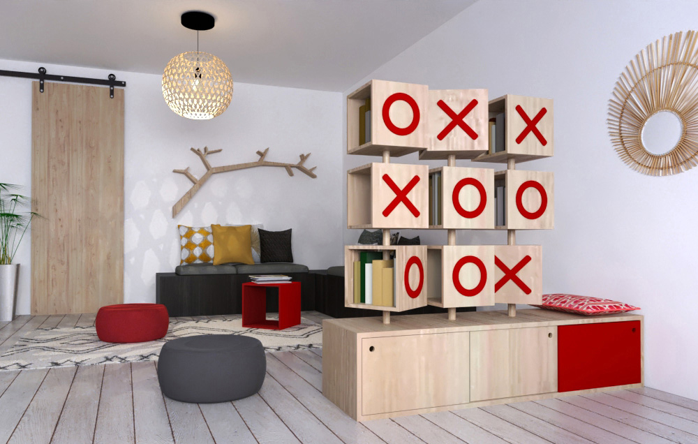 Bibliothèque Morpion enfant bois et motifs couleur