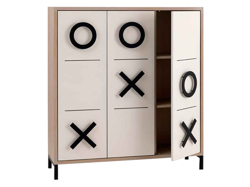 Rangement laqué blanc et bois - poignées métal